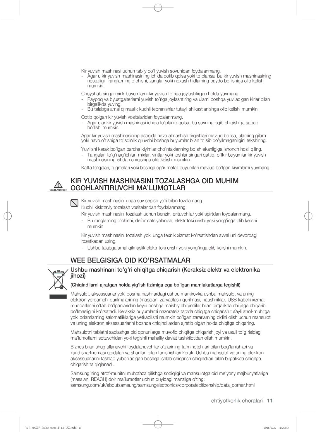 Samsung WF1802XFW/YLP, WF1802XFK/YLP manual WEE Belgisiga OID KO’RSATMALAR 