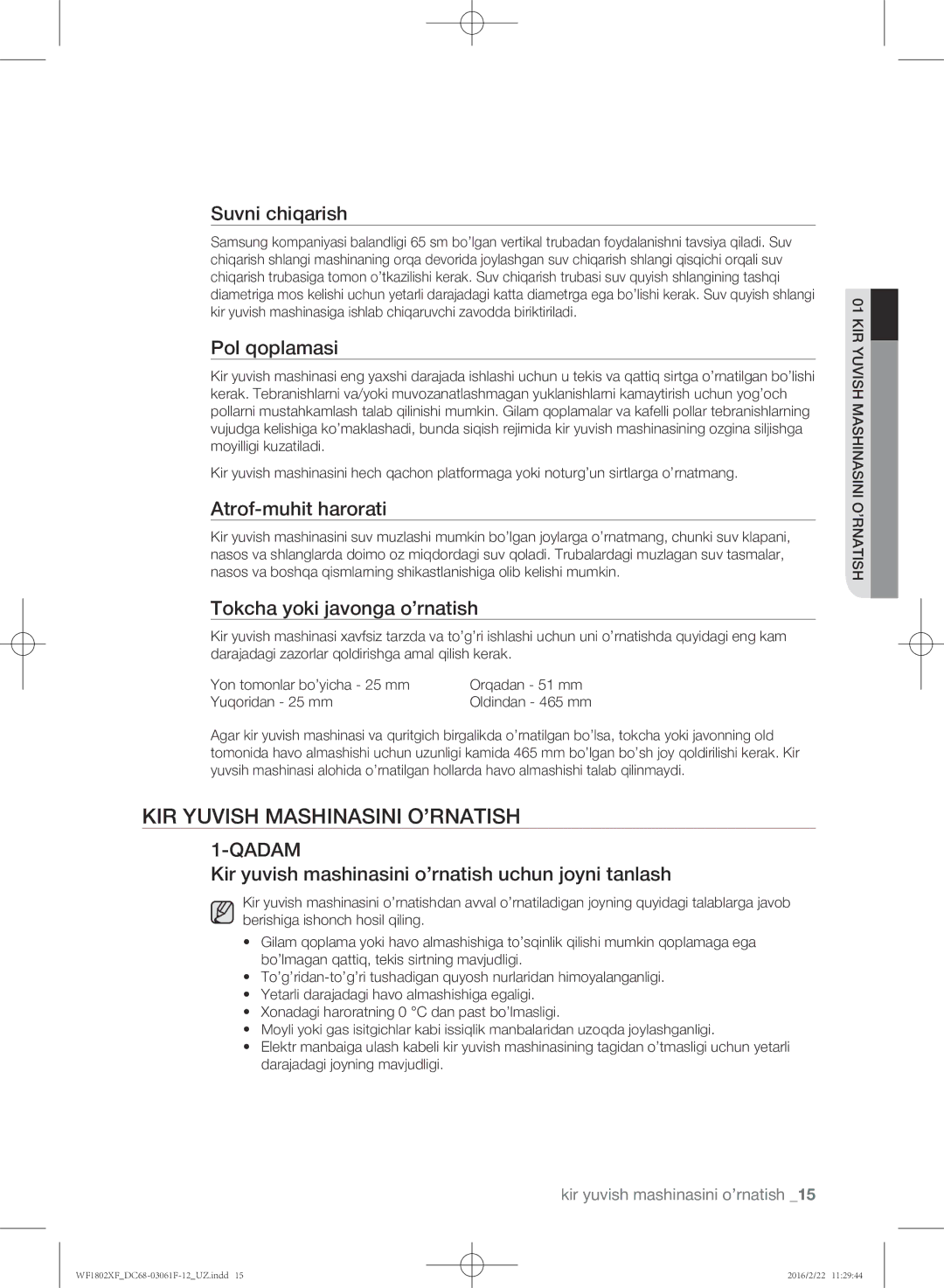 Samsung WF1802XFW/YLP, WF1802XFK/YLP manual Kir yuvish mashinasini o’rnatish 