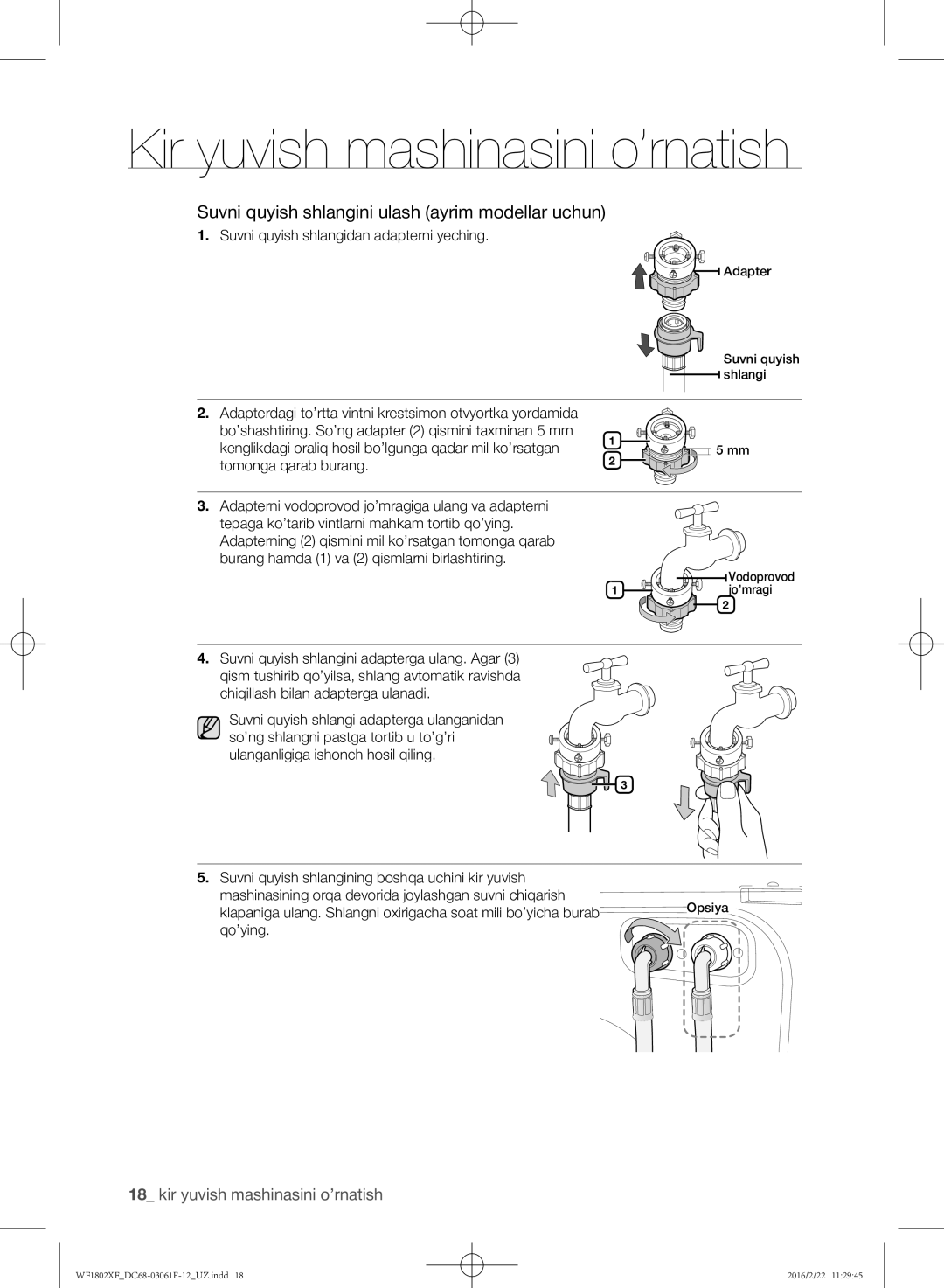 Samsung WF1802XFK/YLP manual Suvni quyish shlangini ulash ayrim modellar uchun, Suvni quyish shlangidan adapterni yeching 