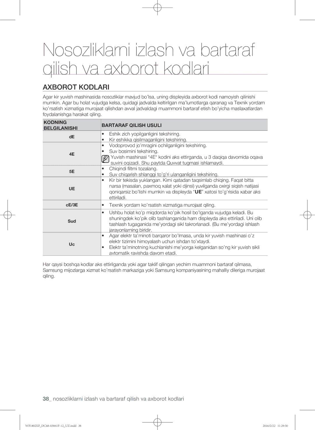 Samsung WF1802XFK/YLP, WF1802XFW/YLP manual Axborot kodlari, Kodning Bartaraf Qilish Usuli Belgilanishi 