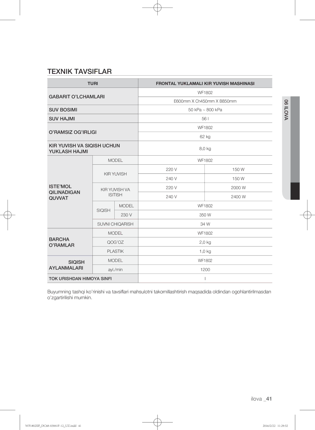 Samsung WF1802XFW/YLP, WF1802XFK/YLP manual Texnik tavsiflar, Aylanmalari 