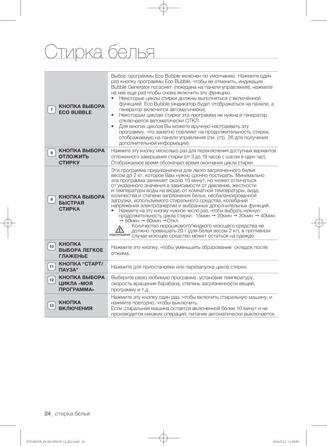 Samsung WF1802XFK/YLP, WF1802XFW/YLP manual 24 стирка белья 