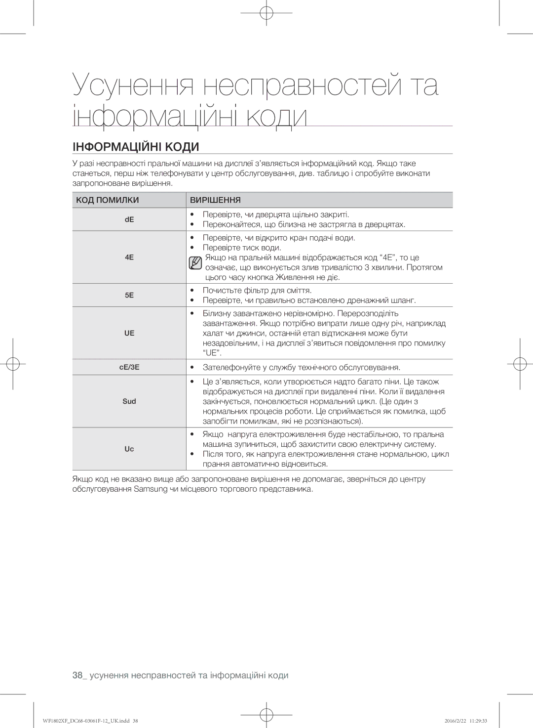 Samsung WF1802XFK/YLP, WF1802XFW/YLP manual Інформаційні коди, 38 усунення несправностей та інформаційні коди 