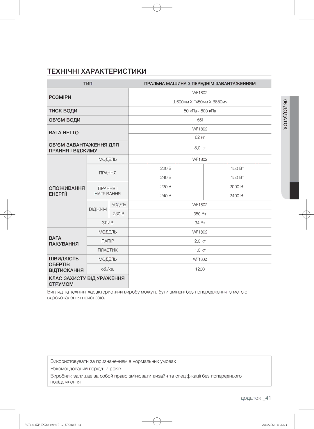 Samsung WF1802XFW/YLP, WF1802XFK/YLP manual Технічні характеристики, Додаток, 06 додаток 