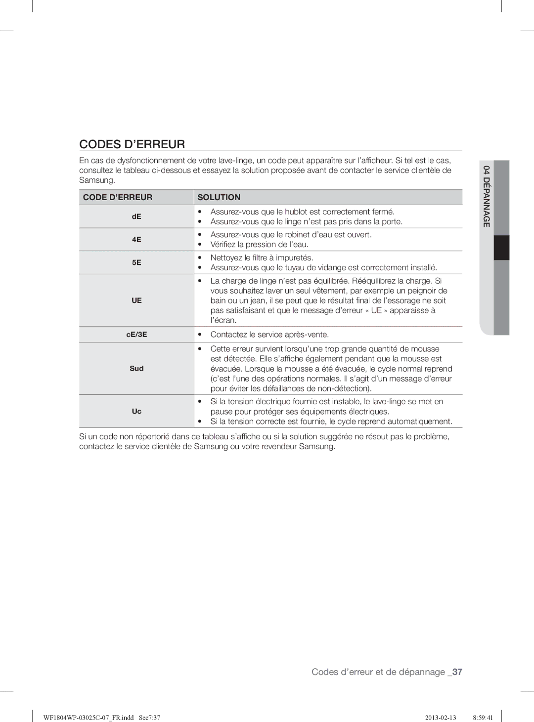 Samsung WF1704WPC2/XEF, WF1804WPC/XEF, WF1704WPU2/XEF, WF1804WPC2/XEF, WF1704WPU/XEF, WF1704WPC/XEF manual Codes D’ERREUR 