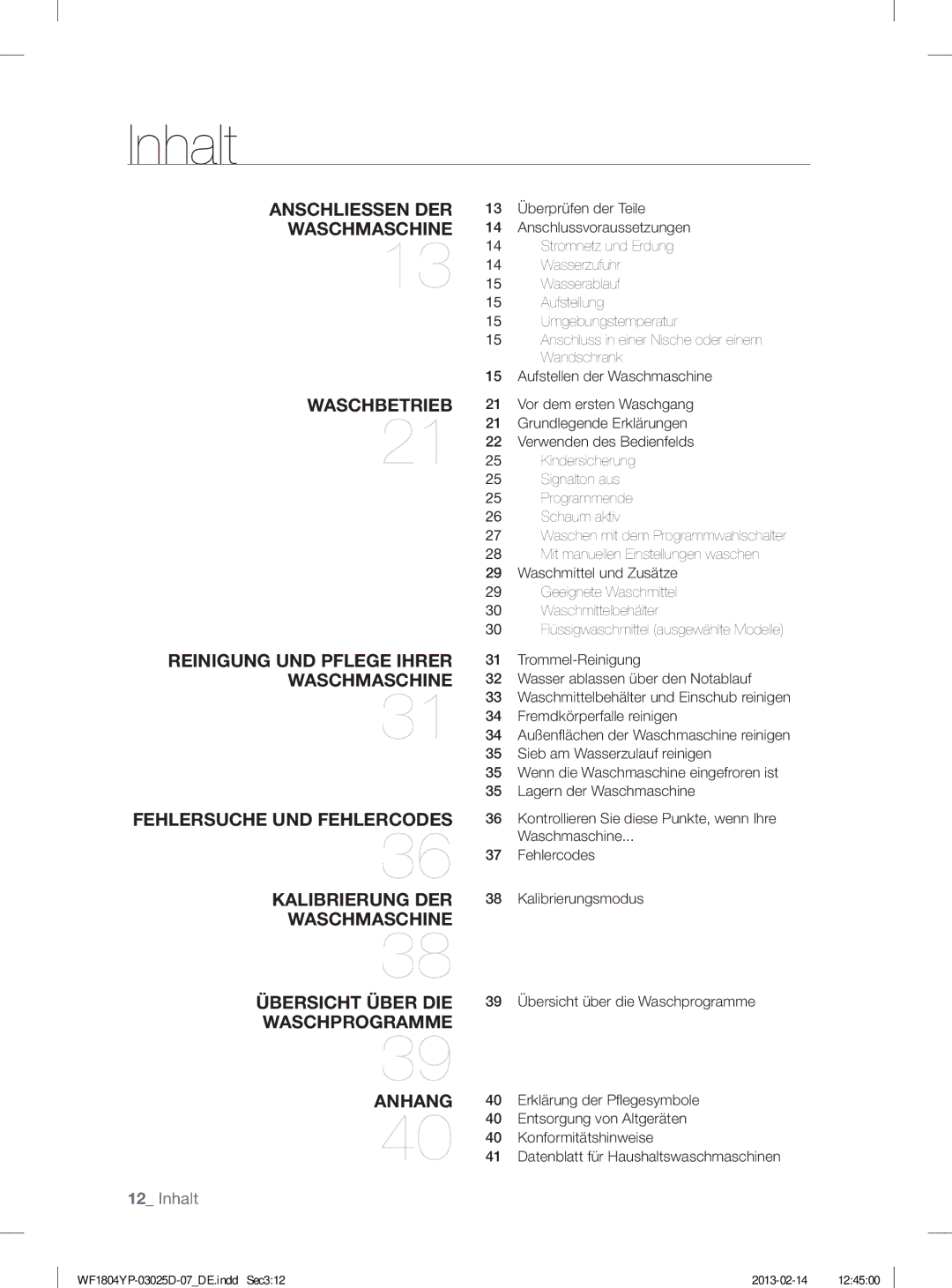 Samsung WF1814YPC2/XEN, WF1714YPC2/XEN manual Inhalt 