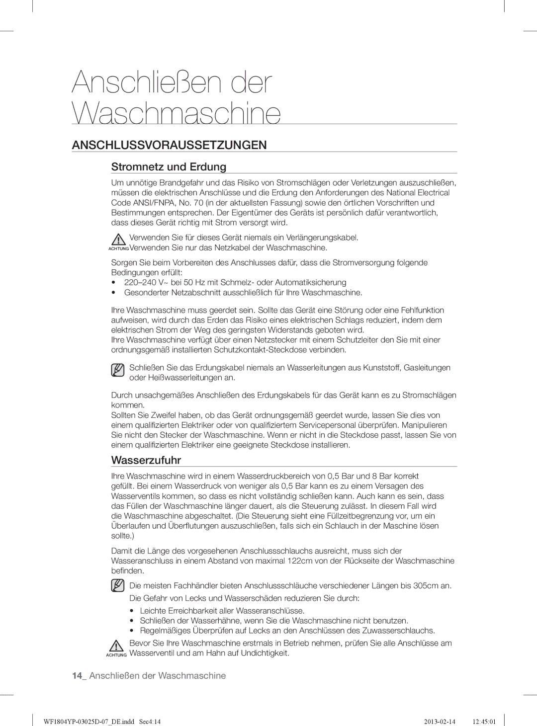 Samsung WF1814YPC2/XEN, WF1714YPC2/XEN manual Anschlussvoraussetzungen, Stromnetz und Erdung, Wasserzufuhr 