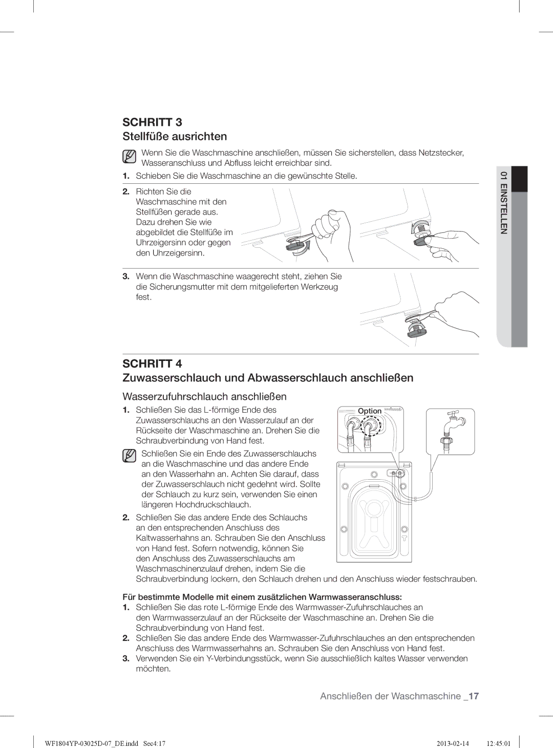 Samsung WF1714YPC2/XEN, WF1814YPC2/XEN manual Stellfüße ausrichten, Zuwasserschlauch und Abwasserschlauch anschließen 