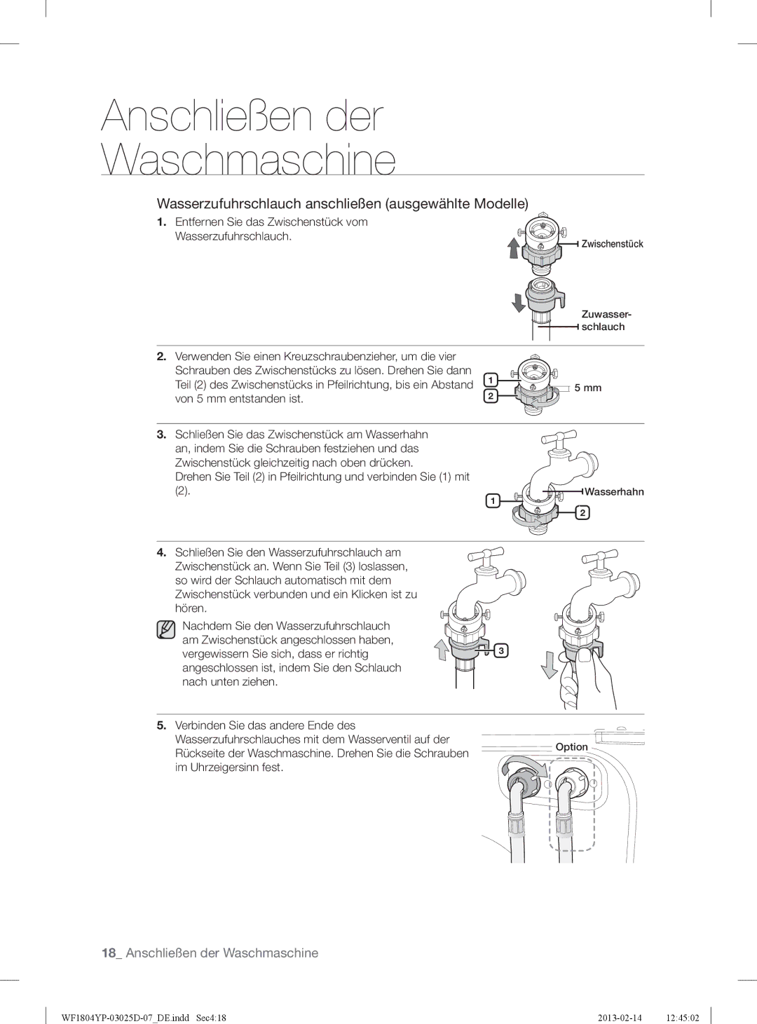 Samsung WF1814YPC2/XEN, WF1714YPC2/XEN manual Wasserzufuhrschlauch anschließen ausgewählte Modelle 