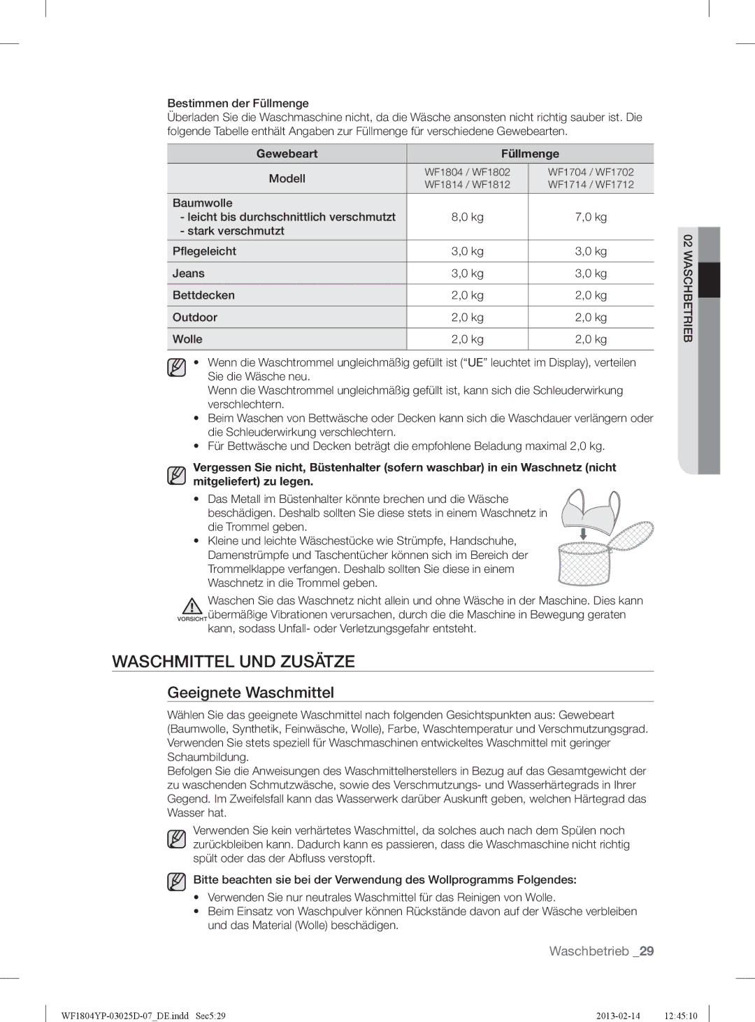 Samsung WF1714YPC2/XEN, WF1814YPC2/XEN manual Waschmittel UND Zusätze, Geeignete Waschmittel, Bestimmen der Füllmenge 