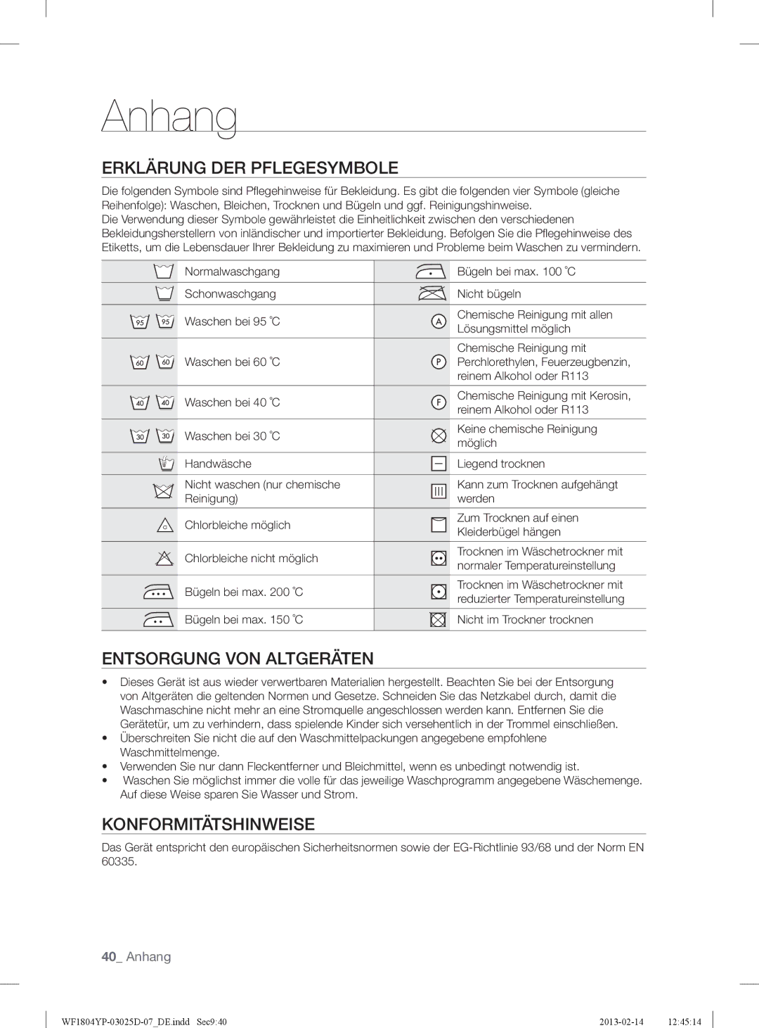 Samsung WF1814YPC2/XEN manual Anhang, Erklärung DER Pflegesymbole, Entsorgung VON Altgeräten, Konformitätshinweise 