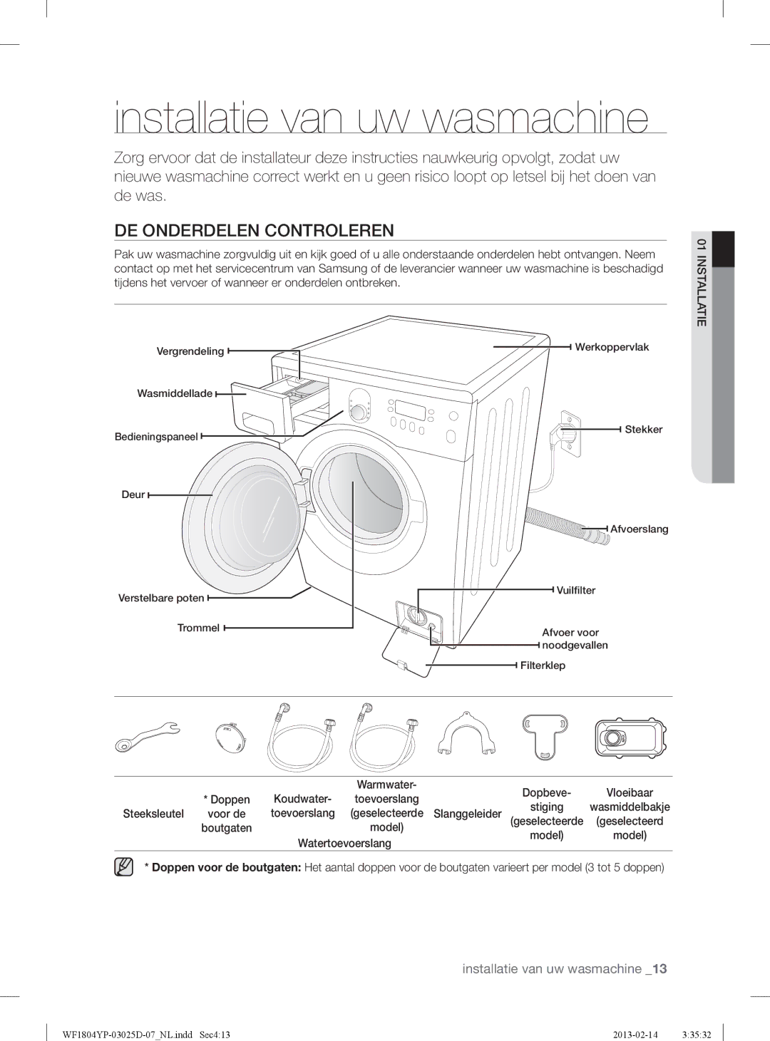 Samsung WF1714YPC2/XEN, WF1814YPC2/XEN manual Installatie van uw wasmachine, DE Onderdelen Controleren, Steeksleutel 