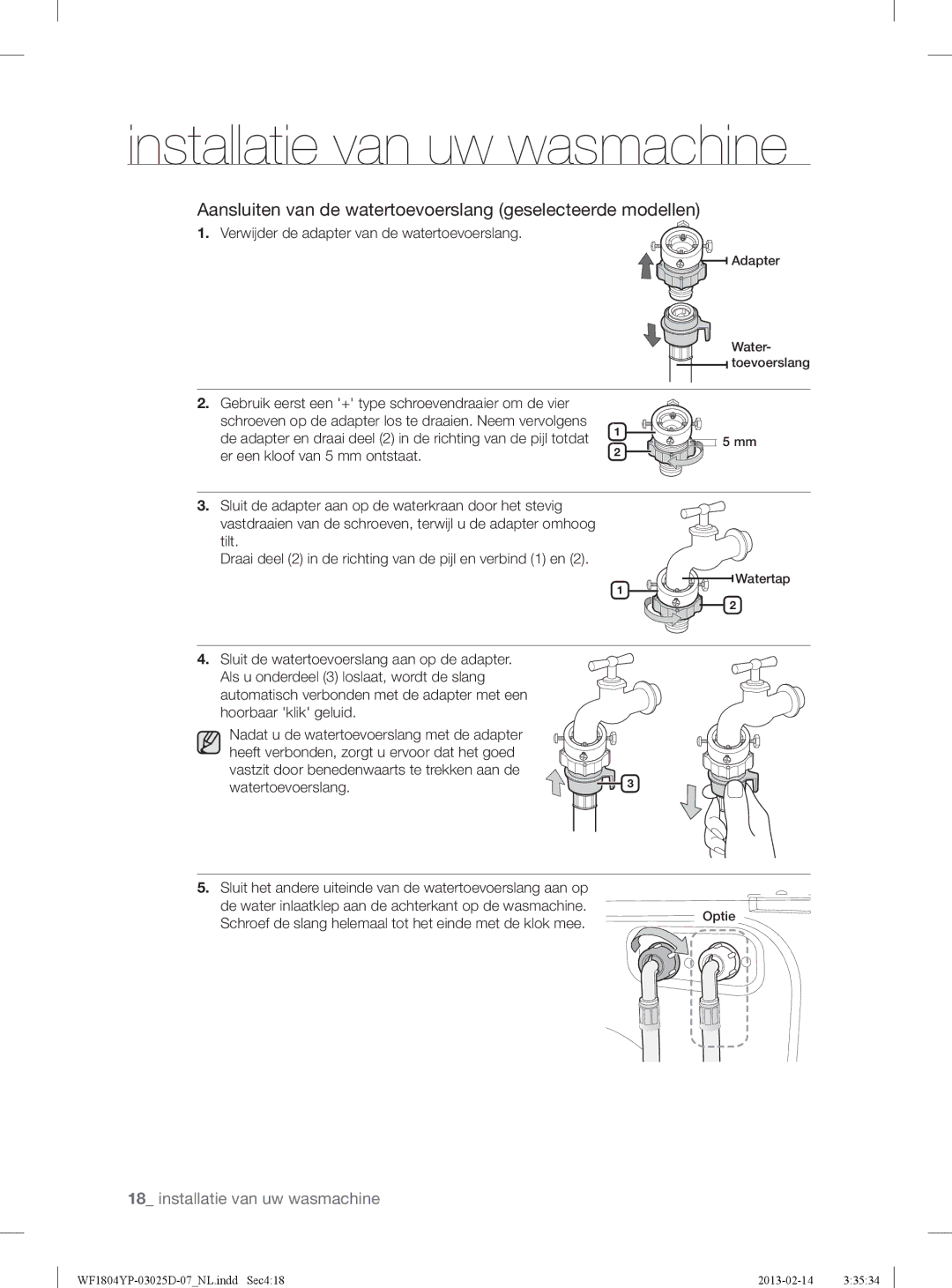 Samsung WF1814YPC2/XEN, WF1714YPC2/XEN manual Aansluiten van de watertoevoerslang geselecteerde modellen 