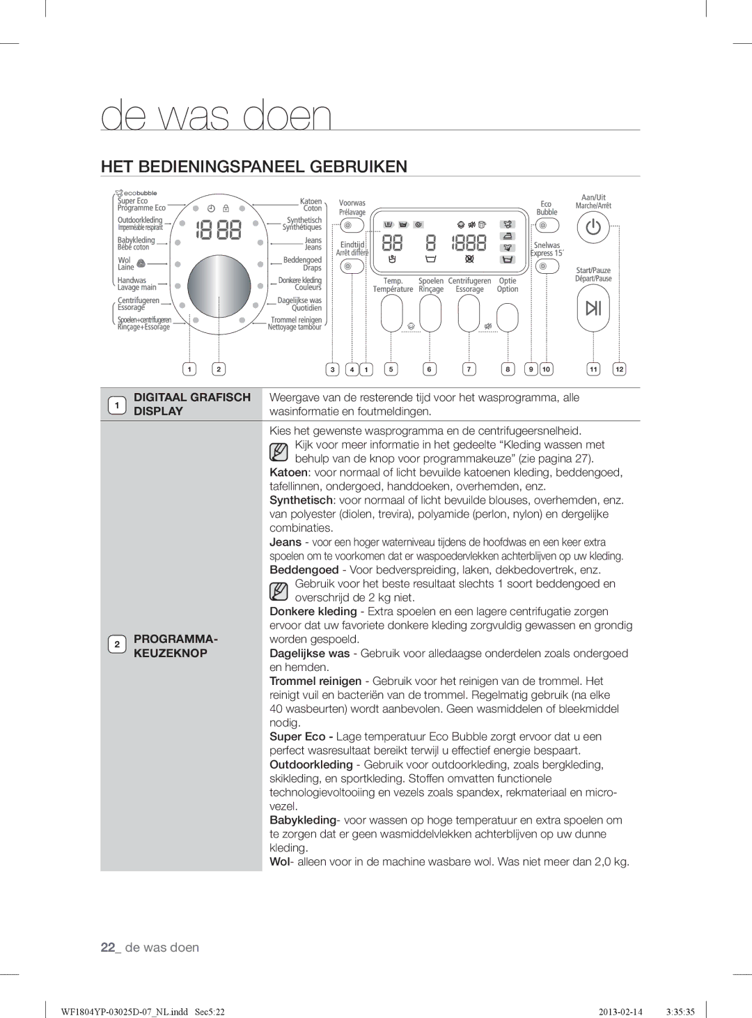 Samsung WF1814YPC2/XEN, WF1714YPC2/XEN HET Bedieningspaneel Gebruiken, Digitaal Grafisch, Display, Programma, Keuzeknop 