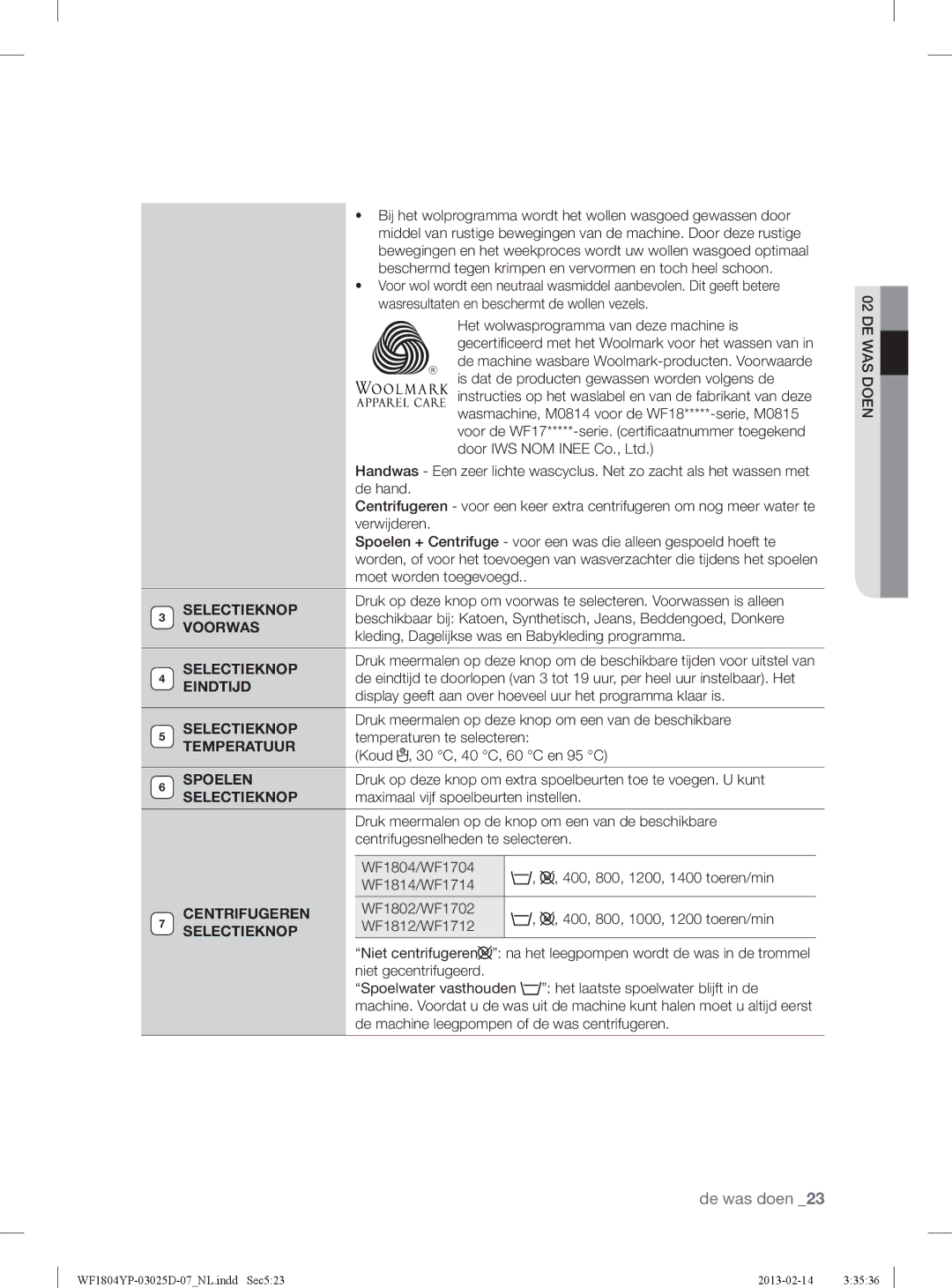 Samsung WF1714YPC2/XEN, WF1814YPC2/XEN manual Voorwas, Eindtijd, Temperatuur, Spoelen, Centrifugeren Selectieknop 