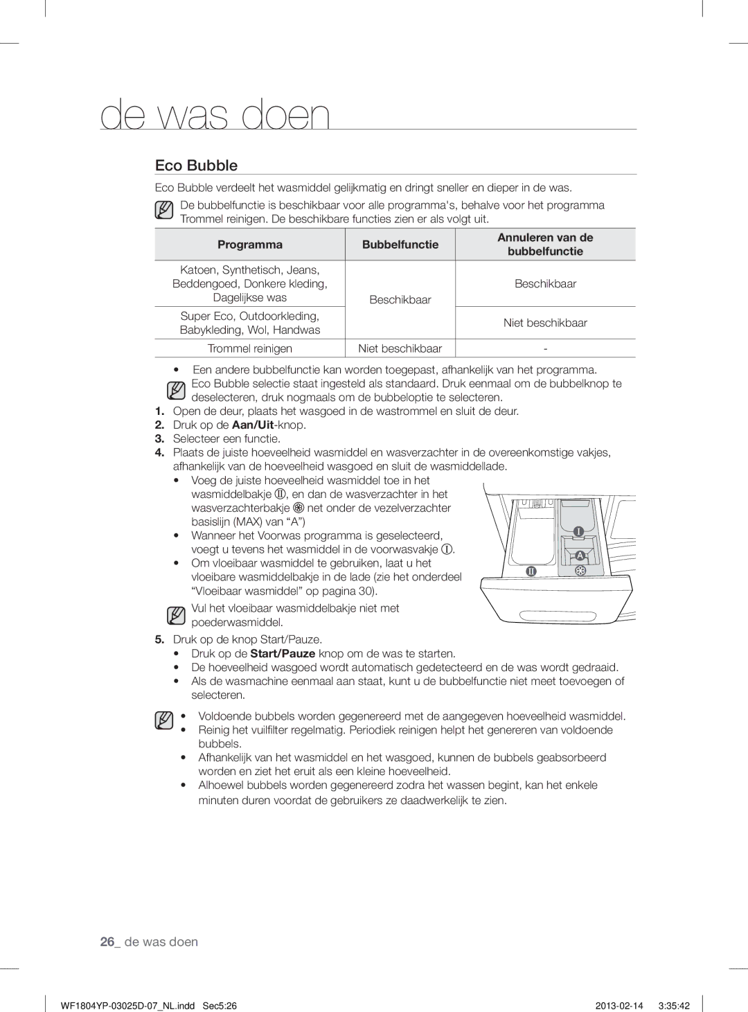 Samsung WF1814YPC2/XEN, WF1714YPC2/XEN manual Eco Bubble, Programma Bubbelfunctie Annuleren van de 