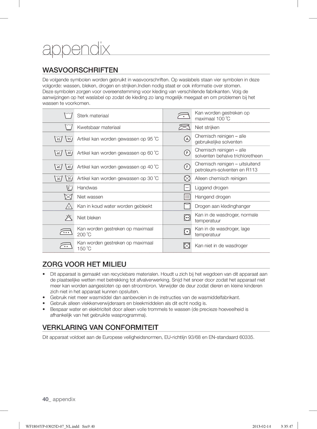 Samsung WF1814YPC2/XEN, WF1714YPC2/XEN manual Appendix, Zorg Voor HET Milieu, Verklaring VAN Conformiteit 