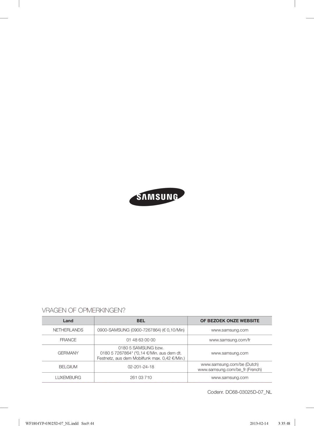 Samsung WF1814YPC2/XEN, WF1714YPC2/XEN manual Vragen of OPMERKINGEN? 