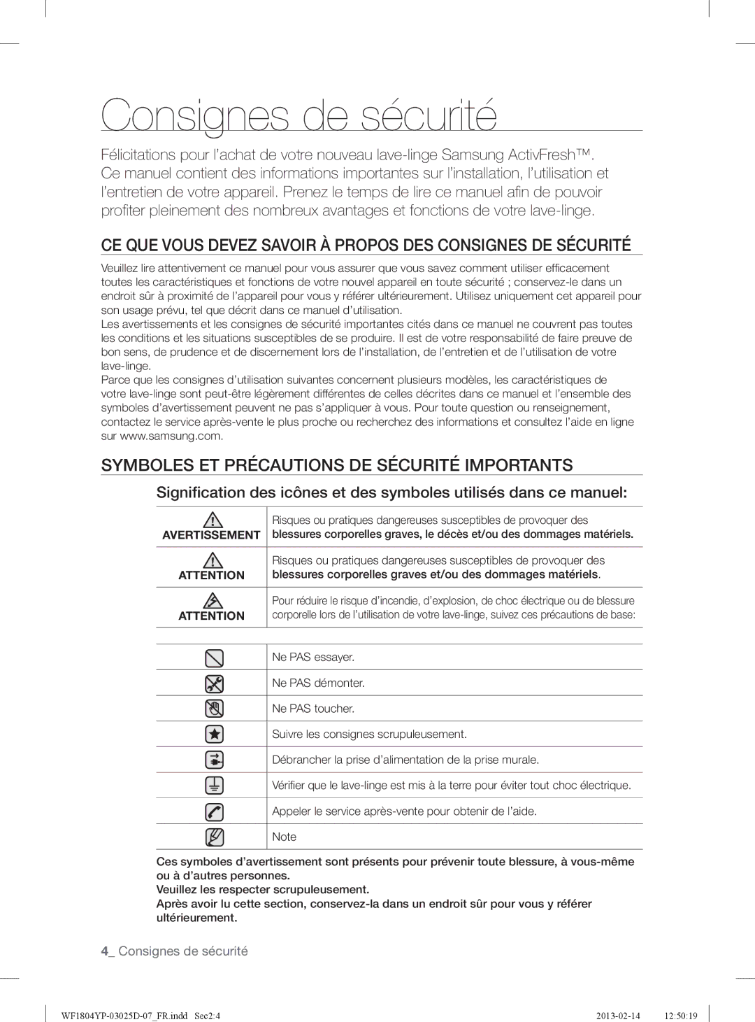 Samsung WF1814YPC2/XEN, WF1714YPC2/XEN Consignes de sécurité, CE QUE Vous Devez Savoir À Propos DES Consignes DE Sécurité 