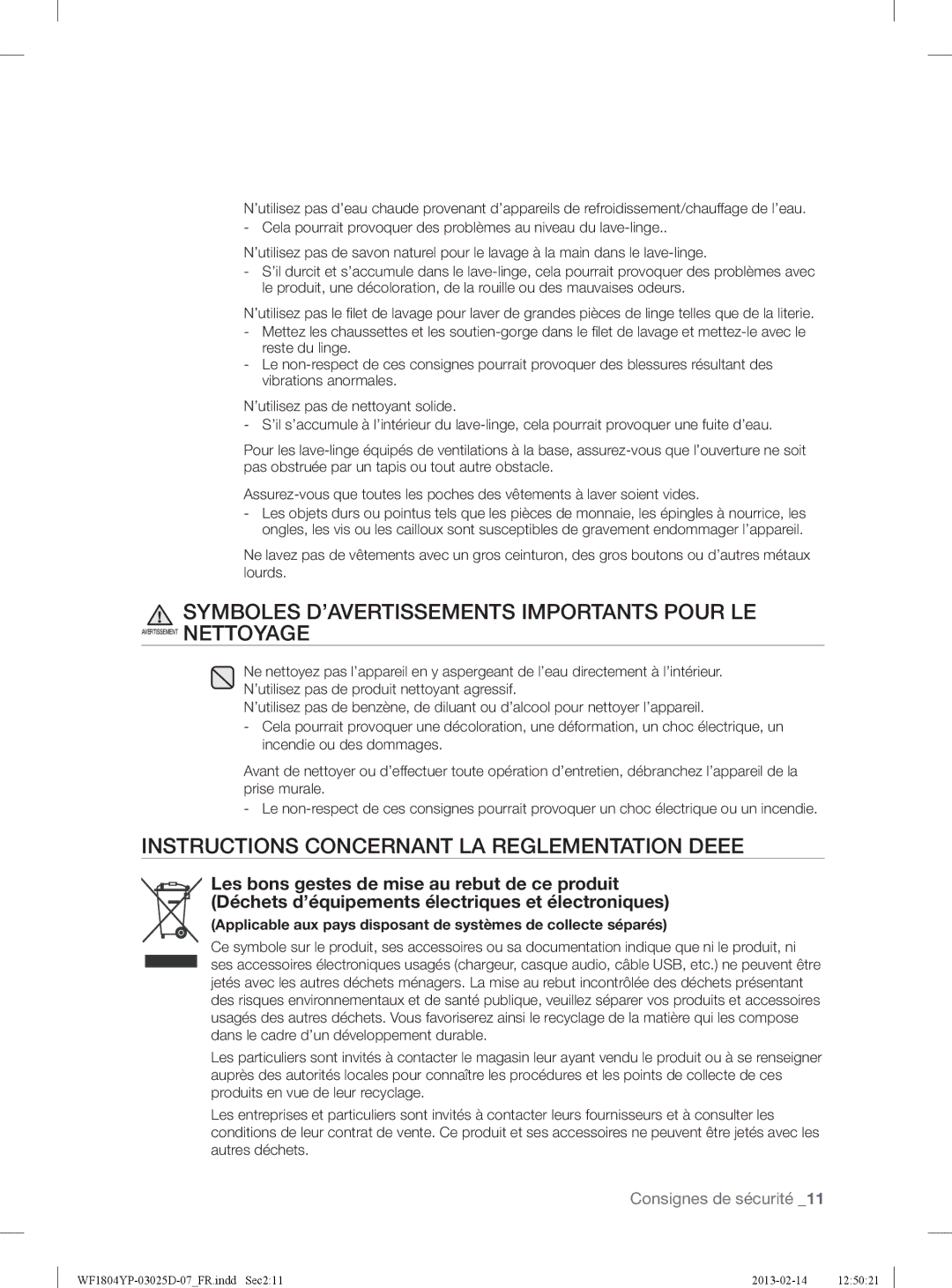 Samsung WF1714YPC2/XEN manual Symboles D’AVERTISSEMENTS Importants Pour LE, Instructions Concernant LA Reglementation Deee 