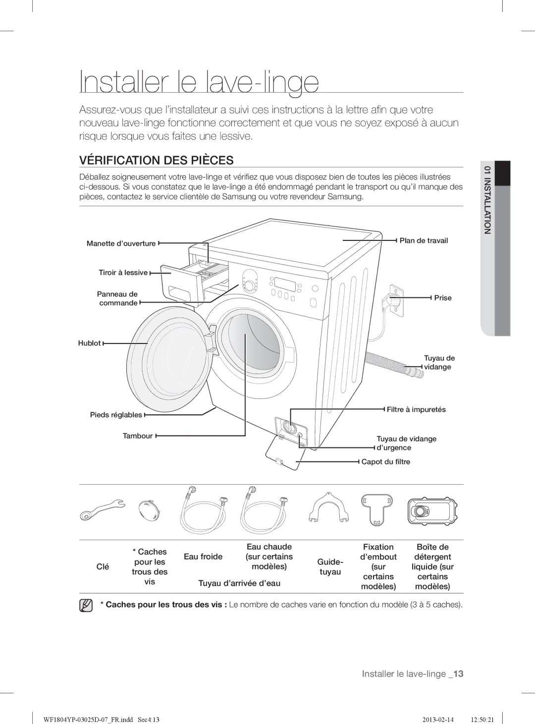 Samsung WF1714YPC2/XEN, WF1814YPC2/XEN manual Installer le lave-linge, Vérification DES Pièces 