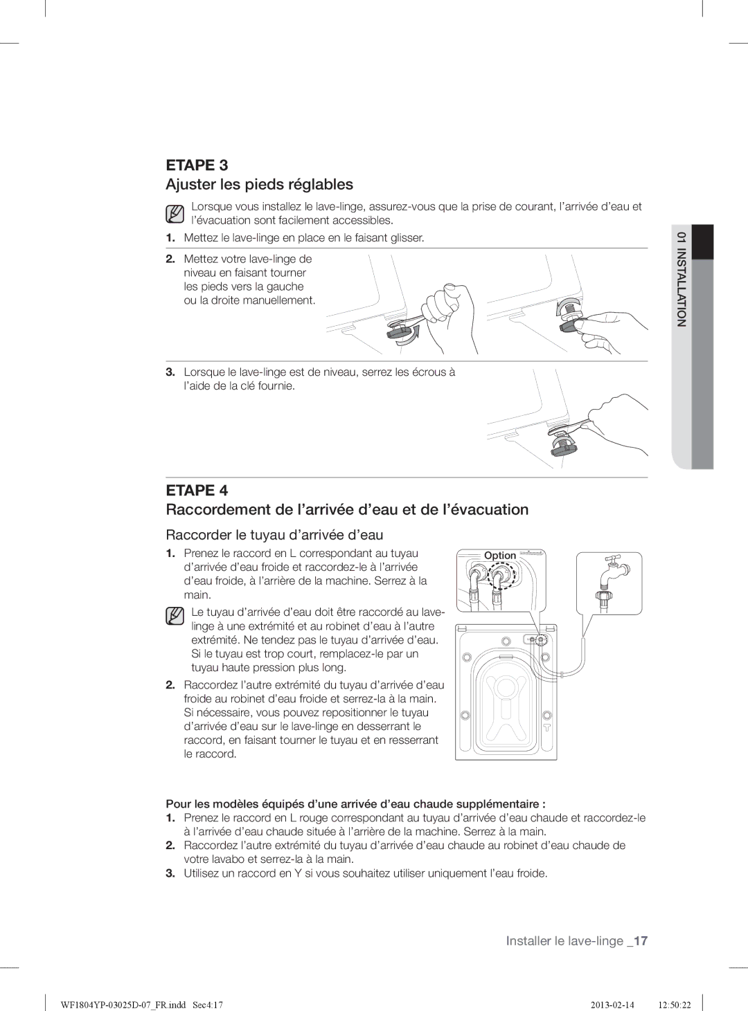 Samsung WF1714YPC2/XEN, WF1814YPC2/XEN Ajuster les pieds réglables, Raccordement de l’arrivée d’eau et de l’évacuation 