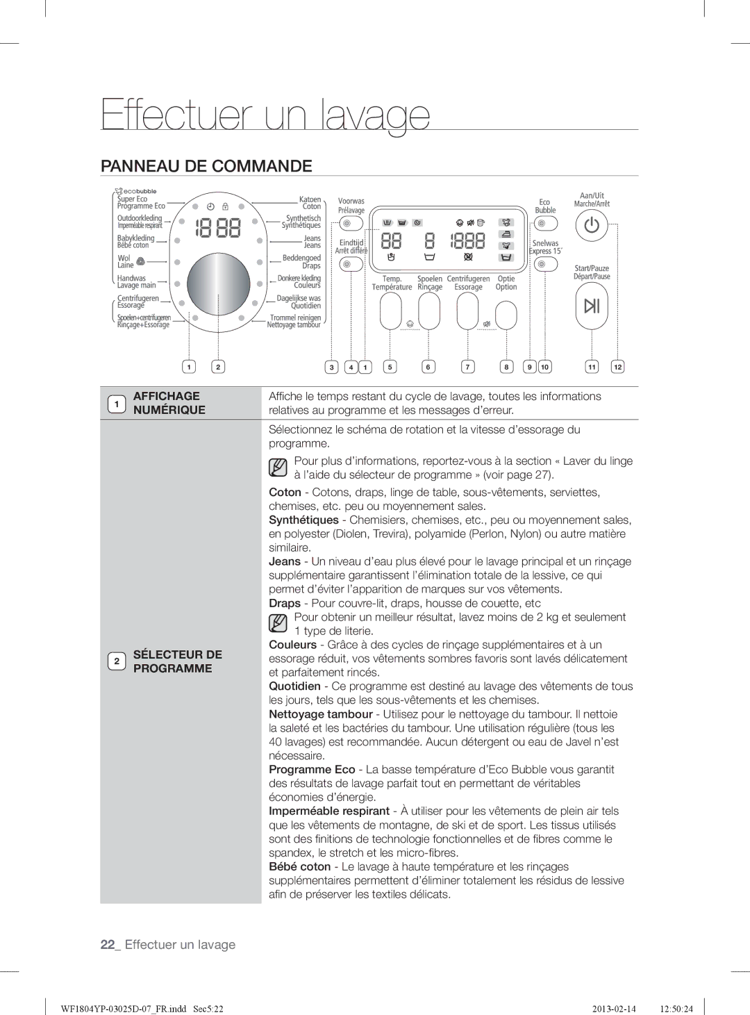 Samsung WF1814YPC2/XEN, WF1714YPC2/XEN manual Panneau DE Commande, Affichage, Numérique, Sélecteur DE, Programme 