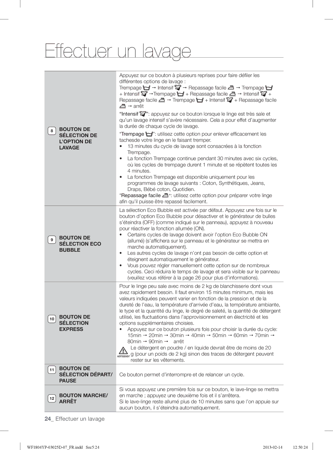 Samsung WF1814YPC2/XEN, WF1714YPC2/XEN manual Sélection DE, ’Option De, Lavage, Sélection ECO, Bubble, Express, Pause 