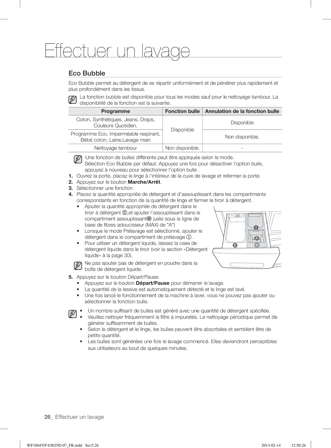 Samsung WF1814YPC2/XEN, WF1714YPC2/XEN manual Programme Fonction bulle Annulation de la fonction bulle 