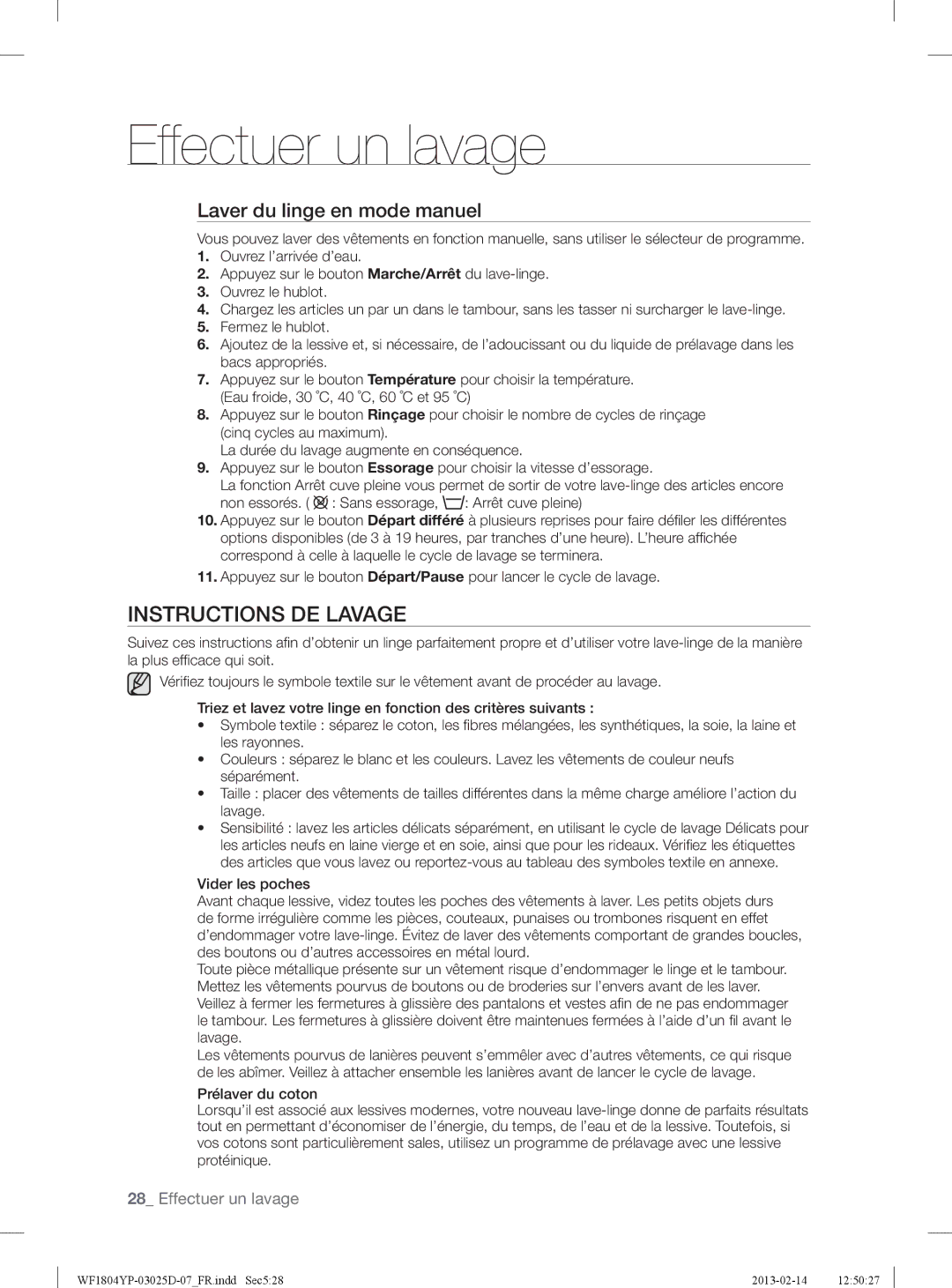 Samsung WF1814YPC2/XEN, WF1714YPC2/XEN manual Instructions DE Lavage, Laver du linge en mode manuel 