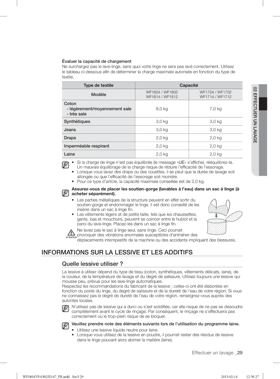 Samsung WF1714YPC2/XEN, WF1814YPC2/XEN manual Informations SUR LA Lessive ET LES Additifs, Quelle lessive utiliser ?, Coton 