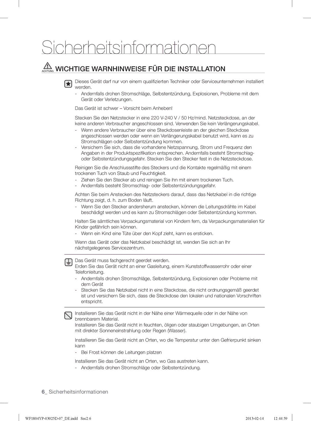 Samsung WF1814YPC2/XEN, WF1714YPC2/XEN manual Achtung Wichtige Warnhinweise FÜR DIE Installation 