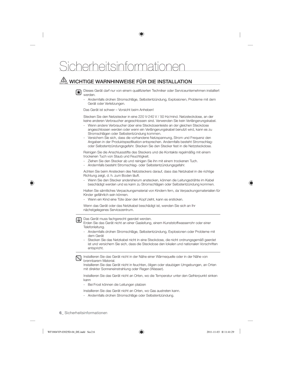 Samsung WF1814YPC2/XEN manual Achtung Wichtige Warnhinweise FÜR DIE Installation 