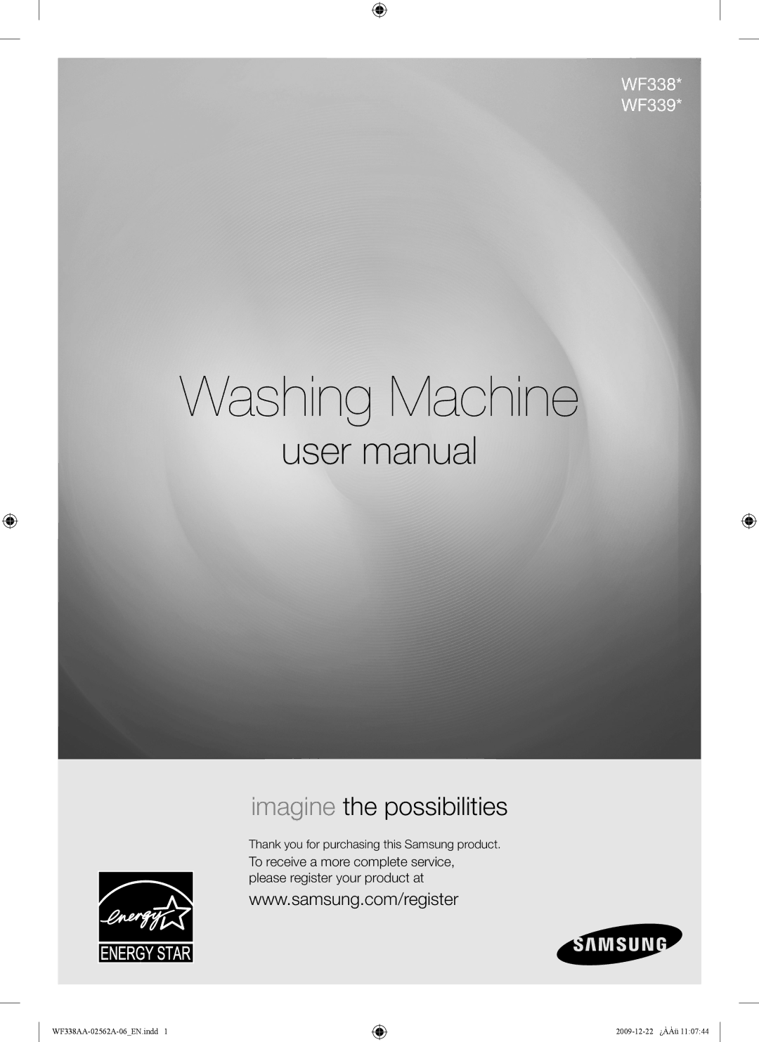 Samsung WF338AAB/XAA manual Washing Machine, Thank you for purchasing this Samsung product 