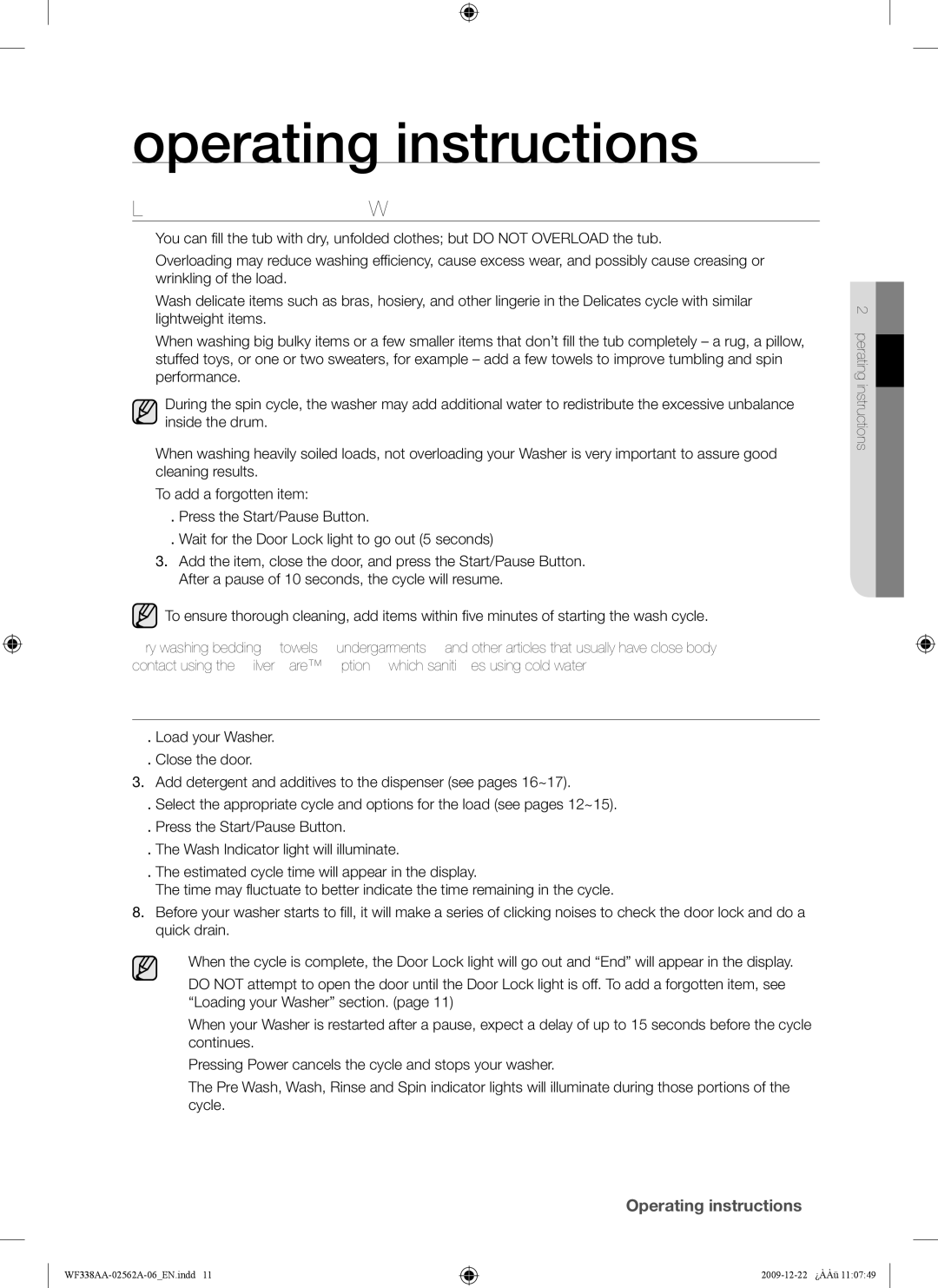 Samsung WF338AAB/XAA manual Operating instructions, Loading Your Washer, Getting Started 