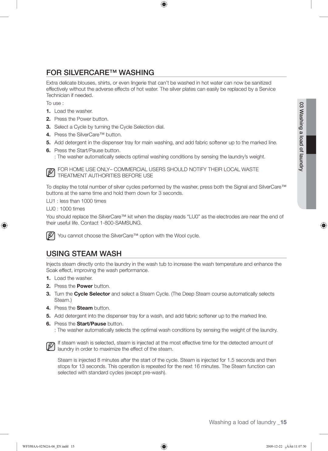 Samsung WF338AAB/XAA manual For Silvercare Washing, Using Steam Wash 