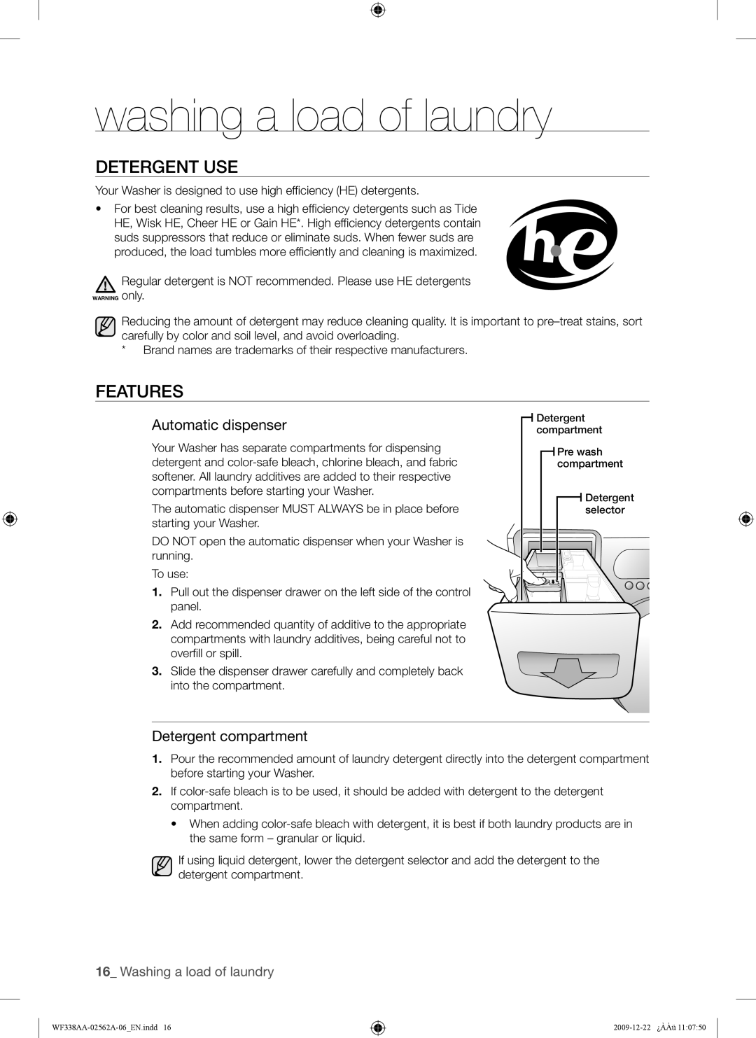 Samsung WF338AAB/XAA manual Detergent USE, Features 