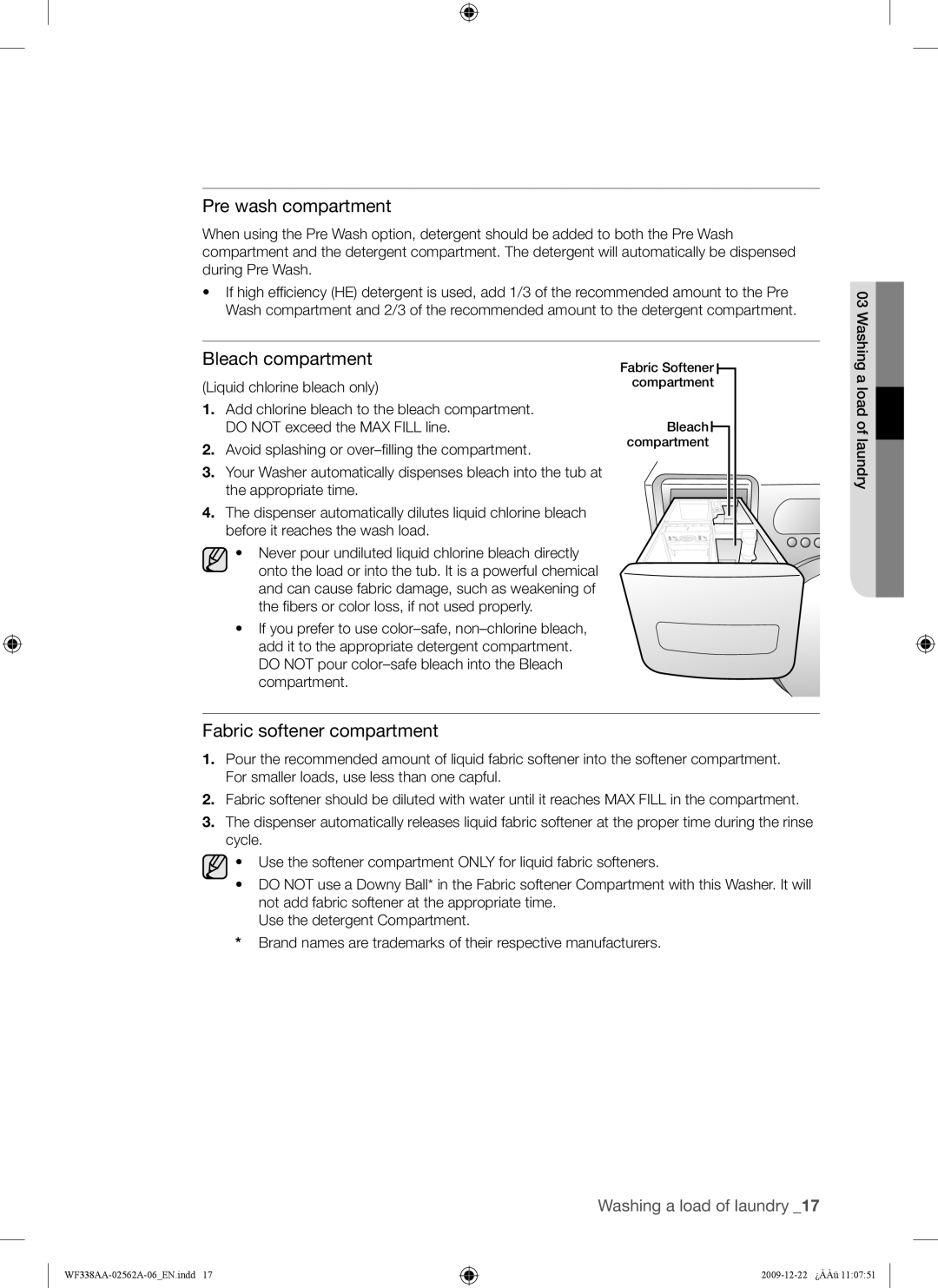 Samsung WF338AAB/XAA manual Pre wash compartment, Liquid chlorine bleach only 