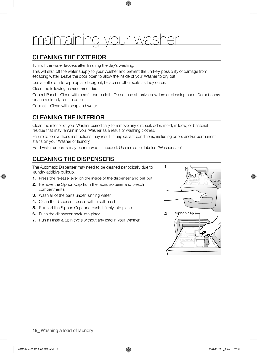 Samsung WF338AAB/XAA manual Maintaining your washer, Cleaning the Exterior, Cleaning the Interior, Cleaning the Dispensers 