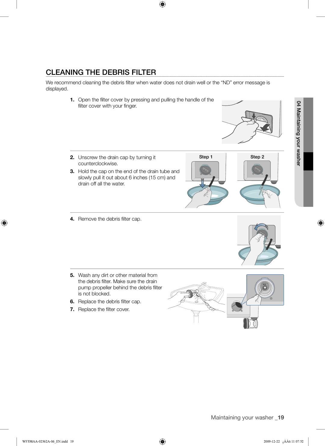 Samsung WF338AAB/XAA manual Cleaning the Debris Filter 