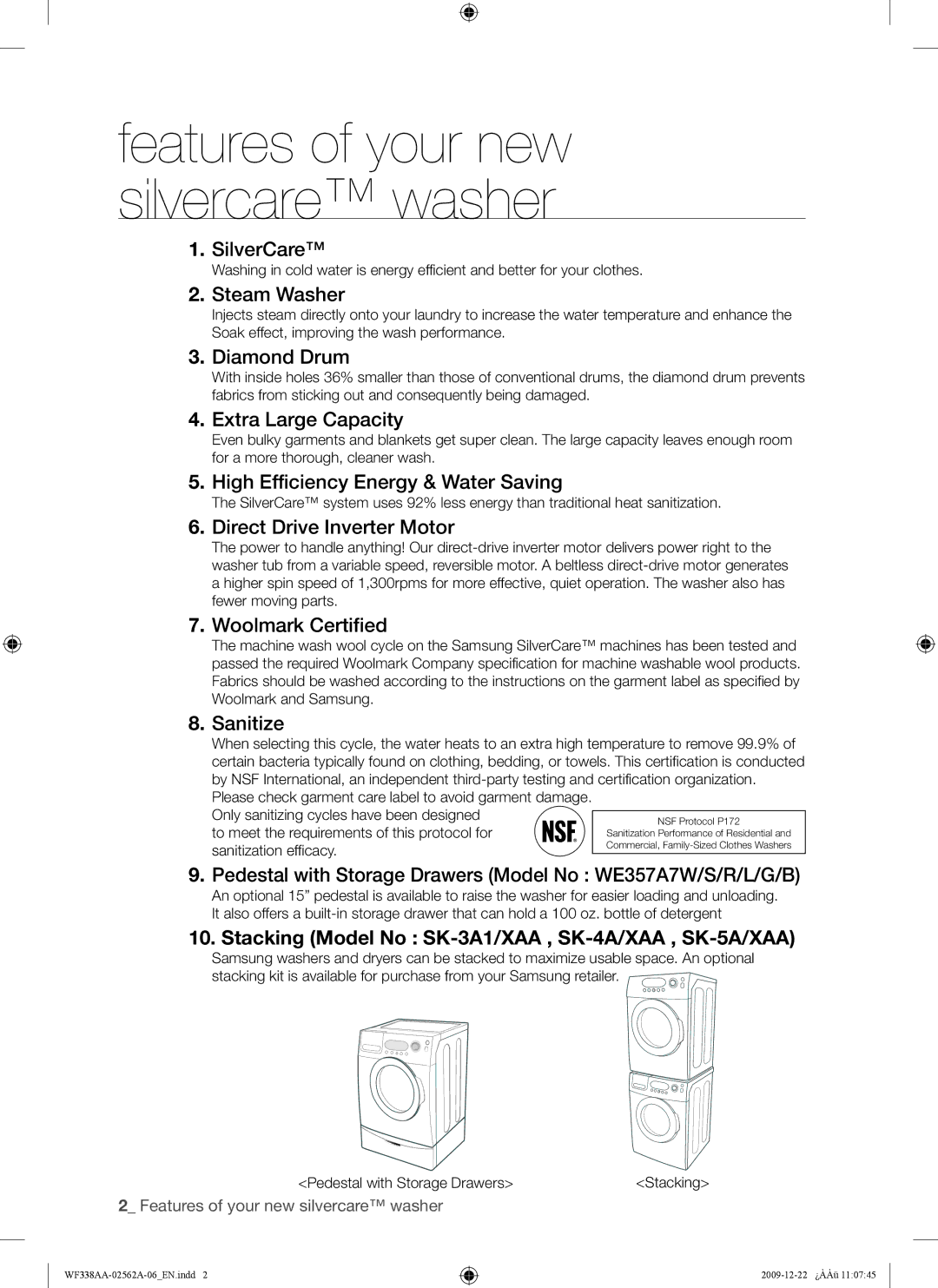 Samsung WF338AAB/XAA SilverCare, Steam Washer, Diamond Drum, Extra Large Capacity, High Efficiency Energy & Water Saving 