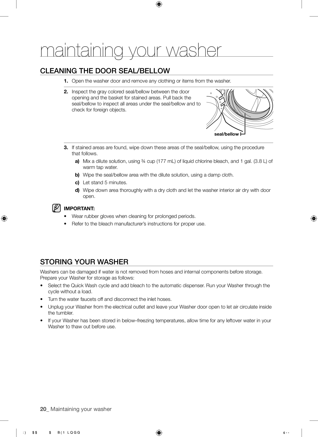 Samsung WF338AAB/XAA manual Cleaning the Door SEAL/BELLOW, Storing Your Washer 