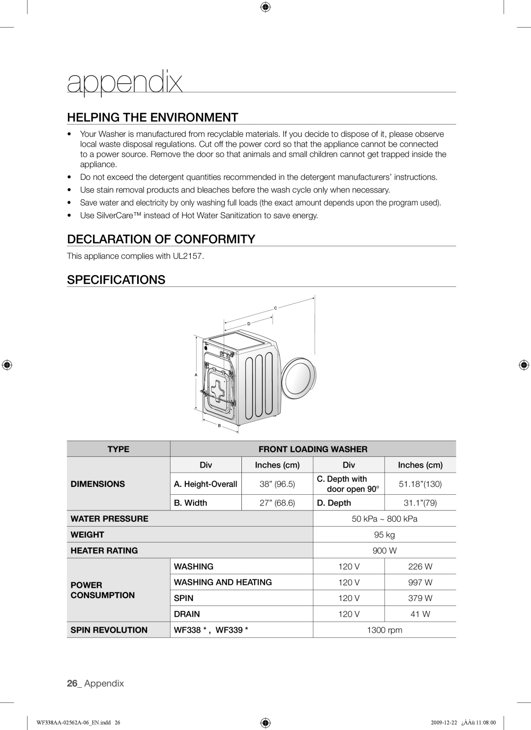 Samsung WF338AAB/XAA manual Helping the Environment, Declaration of Conformity, Specifications 