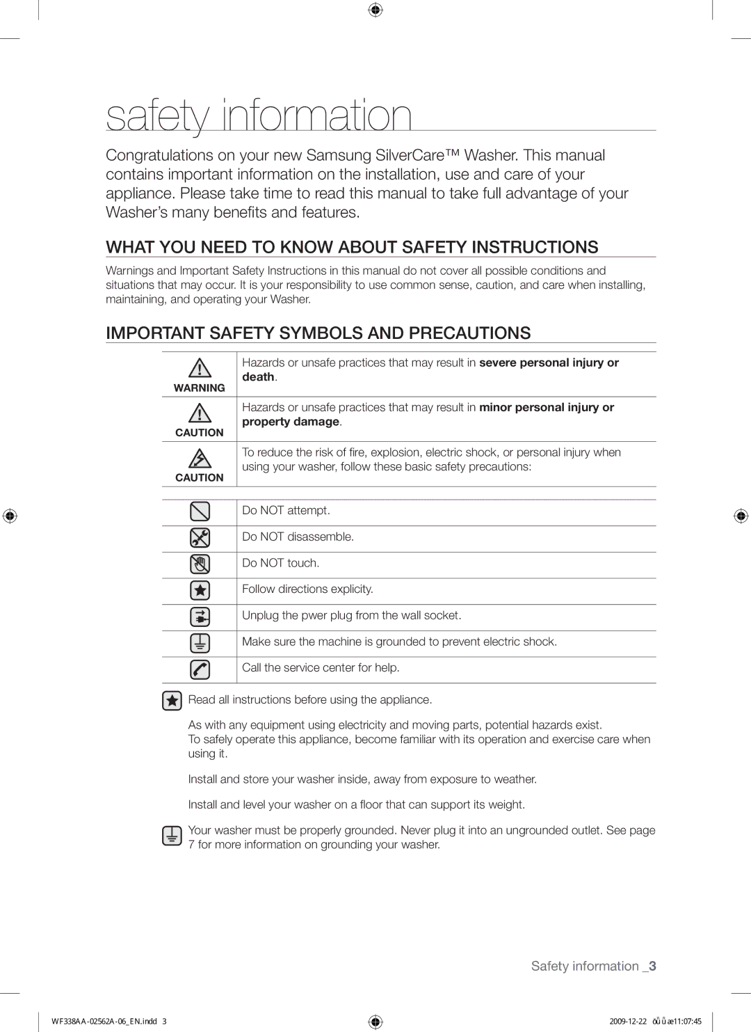 Samsung WF338AAB/XAA manual Safety information 