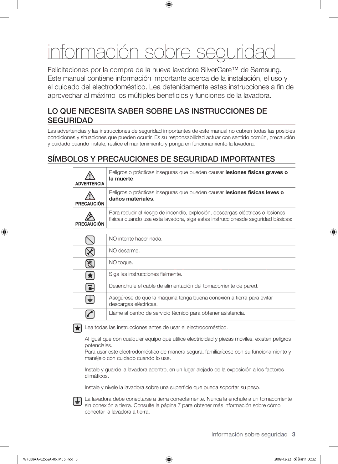 Samsung WF338AAB/XAA manual Información sobre seguridad, LO QUE Necesita Saber Sobre LAS Instrucciones DE Seguridad 