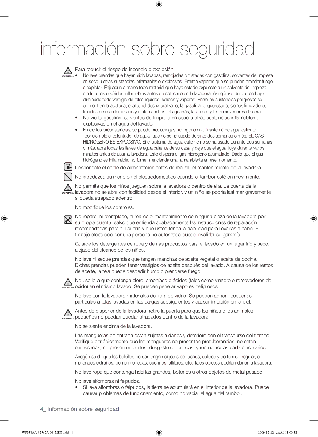 Samsung WF338AAB/XAA manual Para reducir el riesgo de incendio o explosión 