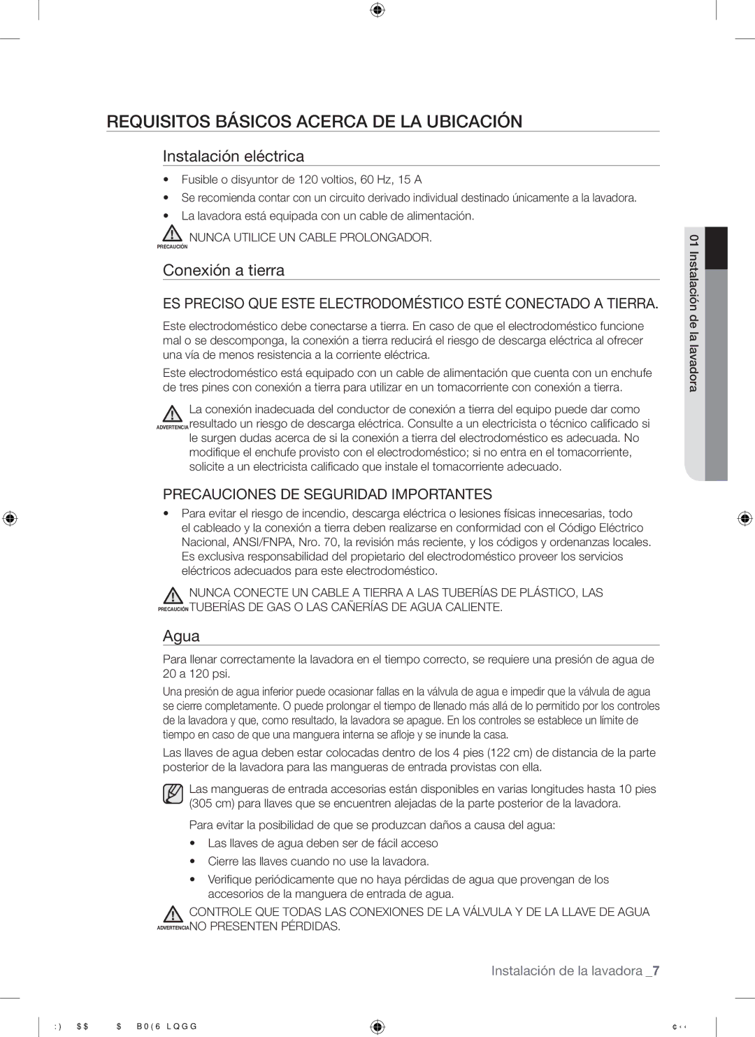 Samsung WF338AAB/XAA manual Requisitos Básicos Acerca DE LA Ubicación, Instalación eléctrica, Conexión a tierra, Agua 