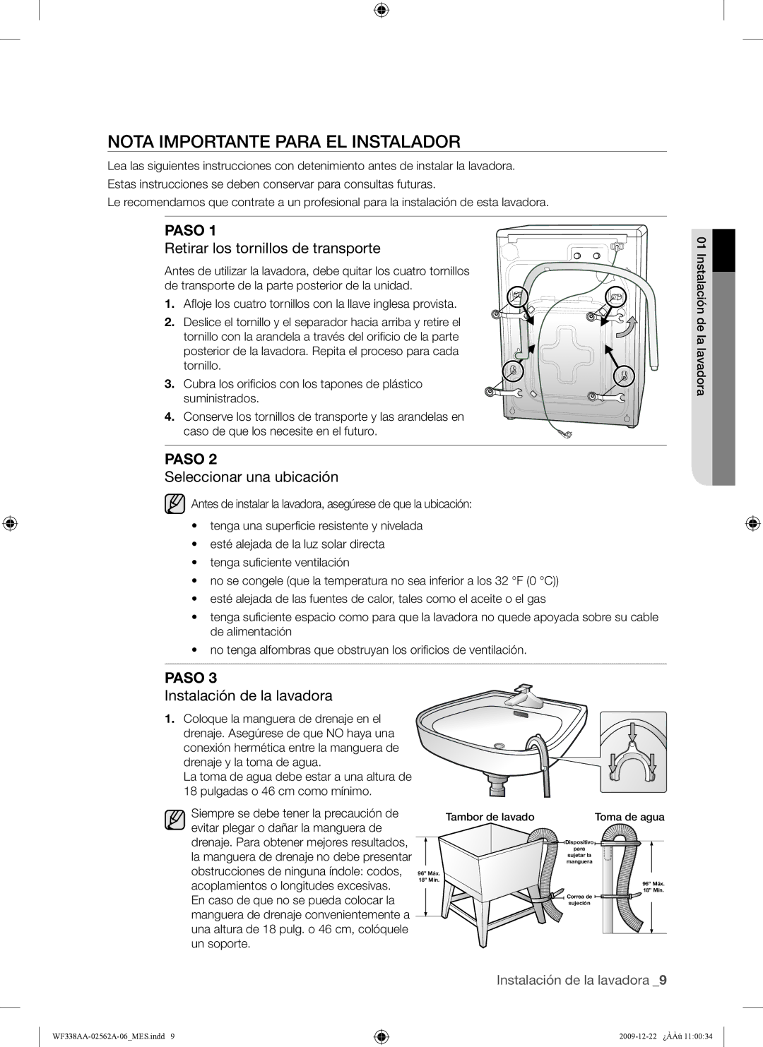 Samsung WF338AAB/XAA manual Nota Importante Para EL Instalador, Paso 