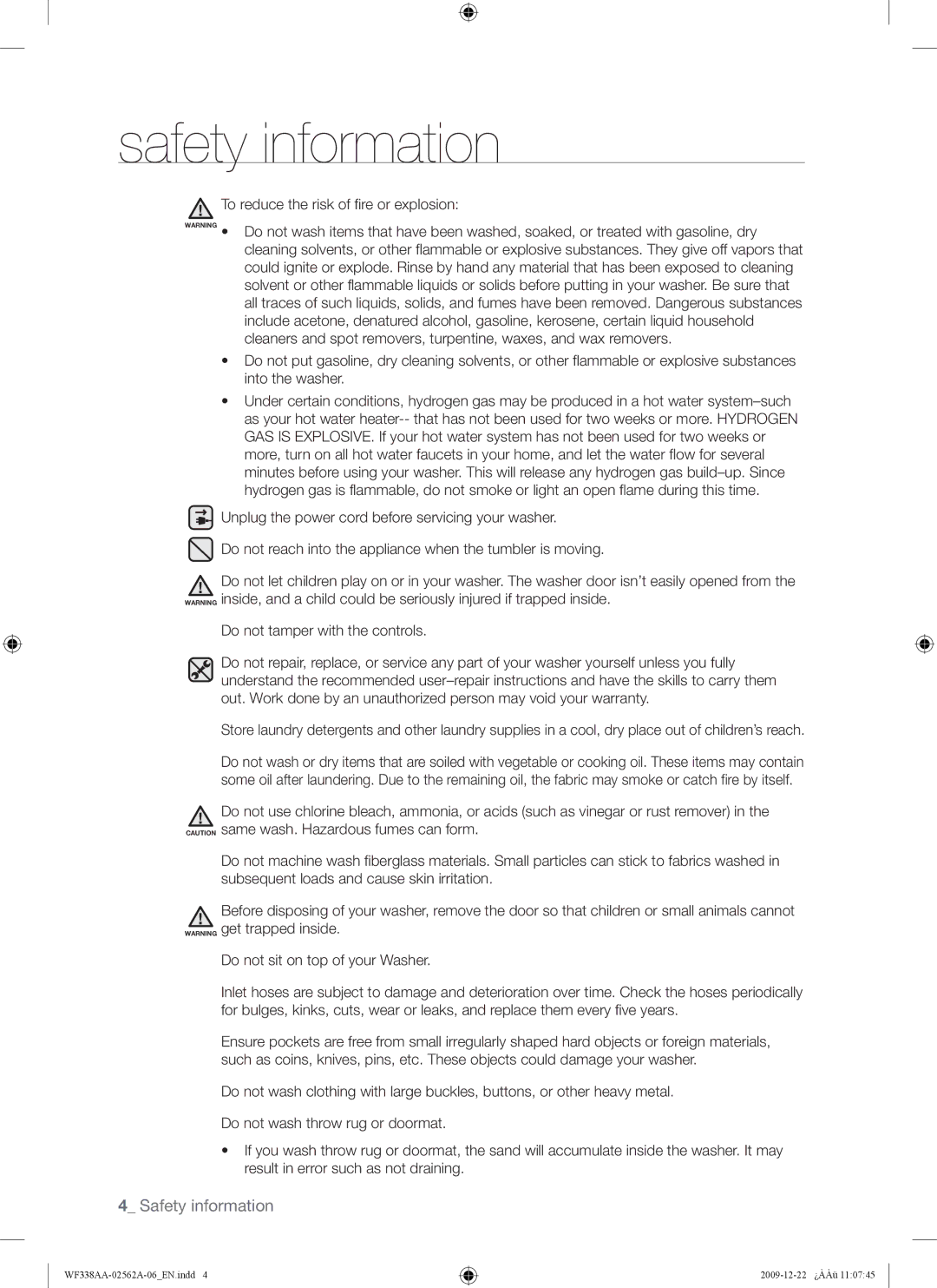 Samsung WF338AAB/XAA manual Safety information 