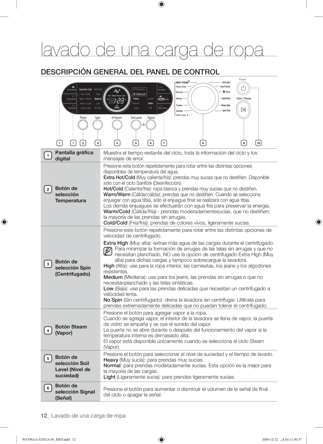 Samsung WF338AAB/XAA manual Lavado de una carga de ropa, Descripción General DEL Panel DE Control 